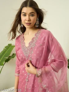 Women's Rani Pink Chanderi Silk Kurta Set with Embroidered Organza Dupatta & Trousers (Set of 3) for Festive & Wedding Party Wear