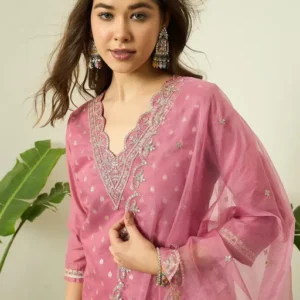 Women's Rani Pink Chanderi Silk Kurta Set with Embroidered Organza Dupatta & Trousers (Set of 3) for Festive & Wedding Party Wear