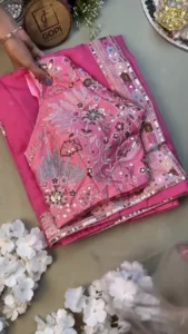 Designer Rani Pink Organza Saree with Heavy Sequins Border and Detailed Floral Embroidery Blouse Set