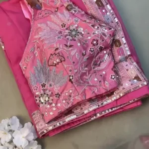 Designer Rani Pink Organza Saree with Heavy Sequins Border and Detailed Floral Embroidery Blouse Set