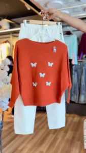 Women's Chic Butterfly Motif Ribbed Sweater & High-Waist White Denim Set - Trendy Two-Piece Casual Outfit