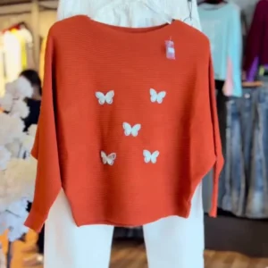 Women's Chic Butterfly Motif Ribbed Sweater & High-Waist White Denim Set - Trendy Two-Piece Casual Outfit