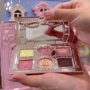 Vintage-Inspired Rose Gold Heart Eyeshadow Palette – 6-Shade High-Pigment Makeup Compact with Decorative Mirror and Ornate C-Beauty Design