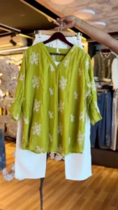 Women’s Olive Green Embroidered V-Neck Tunic & High-Waist White Denim Set