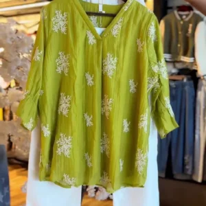 Women’s Olive Green Embroidered V-Neck Tunic & High-Waist White Denim Set
