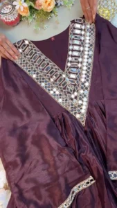 Elegant Deep Wine Tissue Silk Anarkali Kurti Set with Heavy Handcrafted Mirror Work V-Neckline