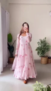 Enchanting Baby Pink Floral Georgette Tiered Anarkali Suit Set with Coordinated Dupatta