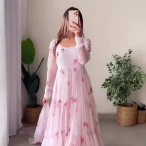 Enchanting Baby Pink Floral Georgette Tiered Anarkali Suit Set with Coordinated Dupatta