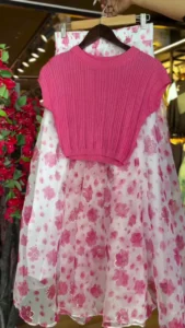 Women’s Pink Floral Organza Midi Skirt & Ribbed Knit Crop Top Two-Piece Set