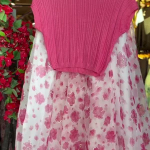 Women’s Pink Floral Organza Midi Skirt & Ribbed Knit Crop Top Two-Piece Set