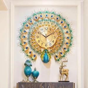 Peacock European Style Luxury Living Room Analog Clock 3D Diamonds Non-Ticking Silent Creative Personality Metal Large Crystal Quartz Art Wall Decorative (Multi) (Peacock Clock)