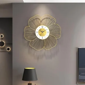 FUNTEREST Gold Handmade Metal Wall Clock Wire Design, Silent Decorative Wall Hanging Clock for Bedroom, Living Room, Dining Room, and Hallway (53x53cm)