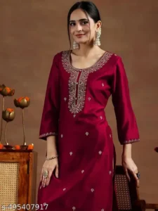maroon SILK KURTA with Embroidered design