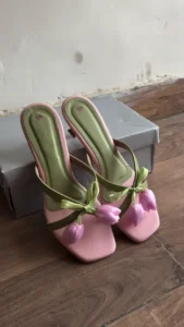 Elegant Pastel Pink and Sage Green Tulip Detailed Kitten Heels | Chic Square Toe Slip-On Sandals with Metallic Low Heel | Aesthetic Floral Accent Party and Casual Footwear for Women