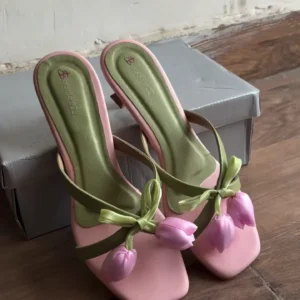 Elegant Pastel Pink and Sage Green Tulip Detailed Kitten Heels | Chic Square Toe Slip-On Sandals with Metallic Low Heel | Aesthetic Floral Accent Party and Casual Footwear for Women