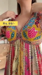 Designer Multicolor Printed Anarkali Gown with Heavy Embellished Patchwork Blouse