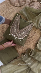 Elegant Olive Green Georgette Anarkali Suit Set with Heavy Sequin Embroidery and Striped Organza Dupatta