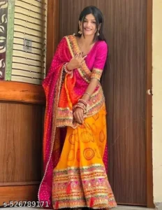 Women's Bandhani Saree With Lace Border And Unstitched Blouse Piece
