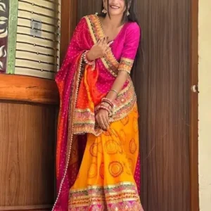 Women's Bandhani Saree With Lace Border And Unstitched Blouse Piece