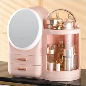 Cosmetics Storage Organizer with LED Lights,Dustproof Cosmetic Storage Display Cases with Mirror,Multifunctional Jewelry Makeup Storage Box for Bedroom,Vanity Dress