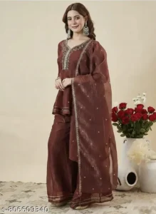 Trending Women's New Straight Heavy Embroidered Worked Brown Kurta and Palazzo With Dupatta set-3 pieces Set