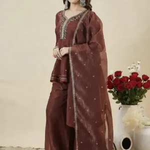 Trending Women's New Straight Heavy Embroidered Worked Brown Kurta and Palazzo With Dupatta set-3 pieces Set