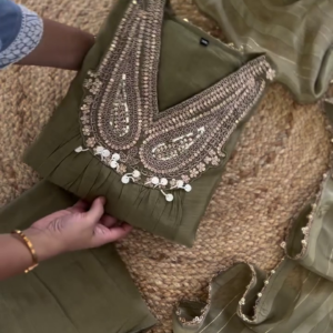 Elegant Olive Green Georgette Anarkali Suit Set with Heavy Sequin Embroidery and Striped Organza Dupatta