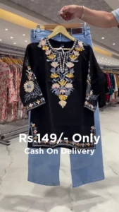 Treandy Black Rayon chikankari top and your everyday style with this elegant black embroidered kurti