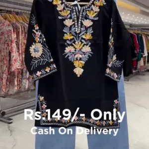 Treandy Black Rayon chikankari top and your everyday style with this elegant black embroidered kurti