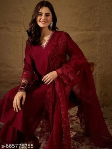 Women's Embroidered Stylish Straight Solid Maroon Silk Kurta Set With Dupatta for Festivals, Weddings & Functions