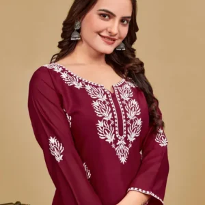 Kalavrund Creation Women's Rayon Chikankari Embroidered Short Kurti | Lucknowi Work Kurta
