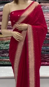 Red Striped Viscose Georgette Saree With Unstiched Blouse