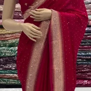 Red Striped Viscose Georgette Saree With Unstiched Blouse