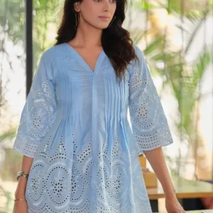 Vintage Ethnic Heavy Chikankari Ruffle Cotton Tunic For Women