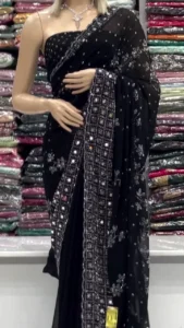 Women’s Fendi Satin Saree with Rich Full-Body Jarkan Work, Comes with Unstitched Blouse Material