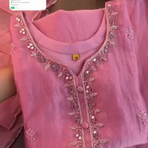 Elegant Pink Organza Kurta Set with Mirror Work Embroidery | Luxury 3-Piece Ethnic Salwar Kameez Suit for Festivals, Weddings, and Party Wear
