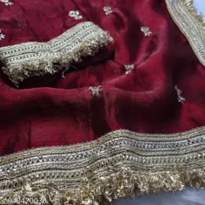 Maroon Embroidered Georgette Saree for Women with Heavy Lace Border & Matching Blouse | Party Wear Wedding Saree