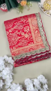 Premium Rani Pink Silk Saree with Traditional Golden Zari Weaving and Designer Scalloped Gota Patti Border