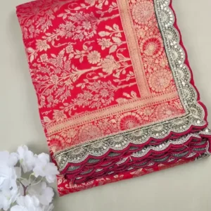 Premium Rani Pink Silk Saree with Traditional Golden Zari Weaving and Designer Scalloped Gota Patti Border