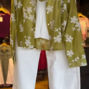 Women’s 3-Piece Summer Vacation Set: Olive Floral Sheer Button-Down, Ribbed Knit V-Neck Camisole, and White Straight-Leg Trousers