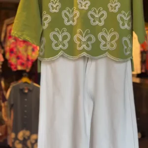 Women’s 2-Piece Summer Fashion Set: Olive Green Scalloped Butterfly Embroidery Crop Top and White High-Waisted Wide-Leg Trousers