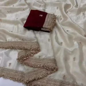 Women's Satin Dual Shade Saree with Embroidery Work & Lace Border With Contrast Embroidery Unstitched Blouse