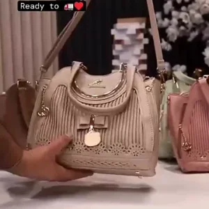 Designer Women’s Handbag with Elegant Laser-Cut Detail and Top Handles – Stylish PU Leather Shoulder Bag and Bridal Trousseau Vanity Purse