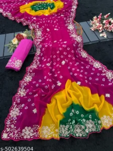 bandhej saree georgette,pitta work saree with bandhani print print, full embroidery work border and all over saree.