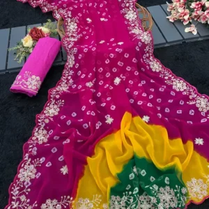 bandhej saree georgette,pitta work saree with bandhani print print, full embroidery work border and all over saree.