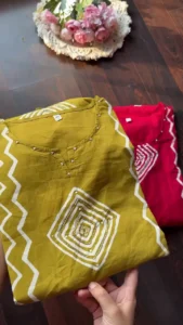 Elegant Mustard & Ruby Pink Zig-Zag Cotton Kurti Set with Handcrafted Gota Patti Work