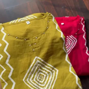 Elegant Mustard & Ruby Pink Zig-Zag Cotton Kurti Set with Handcrafted Gota Patti Work