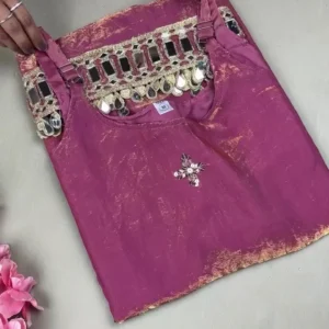 Elegant Mauve Pink Tissue Silk Co-ord Set - Handcrafted Heavy Mirror Work Crop Top and Balloon Sleeve Shrug 3-Piece Festive Outfit