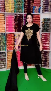 Elegant Black Georgette Kurti Set with Gold Embroidery – 3-Piece Boutique Style Indian/Pakistani Salwar Kameez Suit for Party Wear