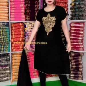 Elegant Black Georgette Kurti Set with Gold Embroidery – 3-Piece Boutique Style Indian/Pakistani Salwar Kameez Suit for Party Wear